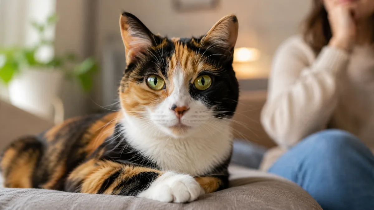 Calico cat sitting alert while showing its individual personality and expressive behaviour