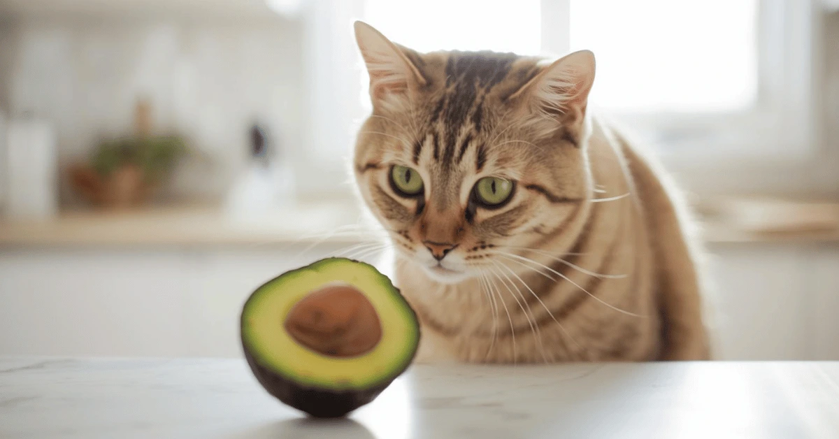 A curious cat sitting near a sliced avocado on a kitchen counter