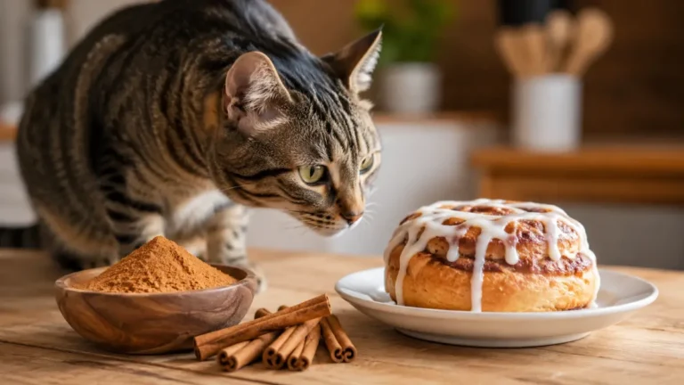 Curious tabby cat near ground cinnamon, cinnamon sticks, and a cinnamon roll on a kitchen table.