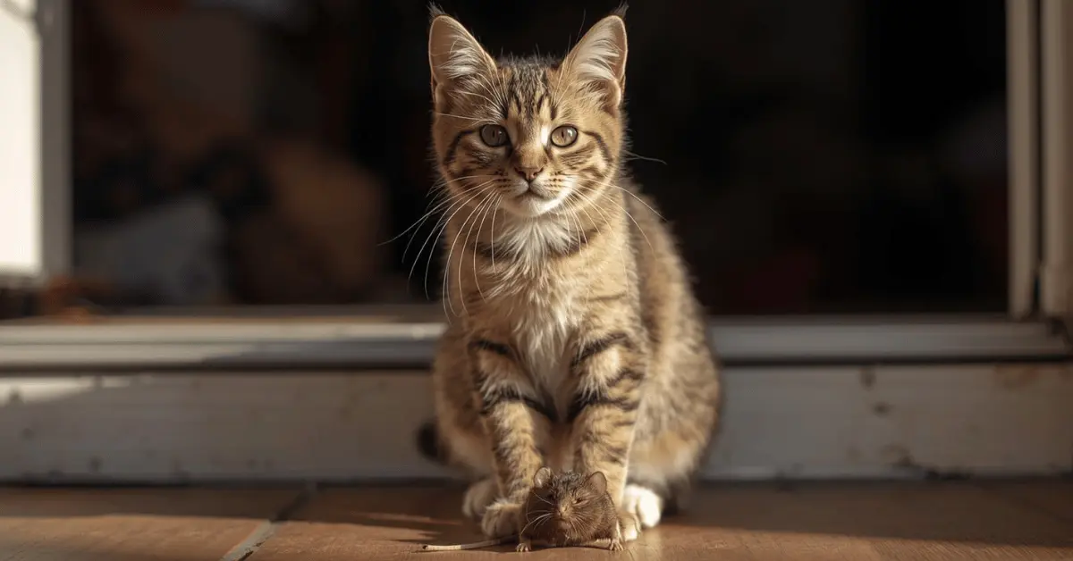 A cute domestic cat proudly sitting on a doorstep with a toy mouse, symbolizing why cats bring gifts to their owners