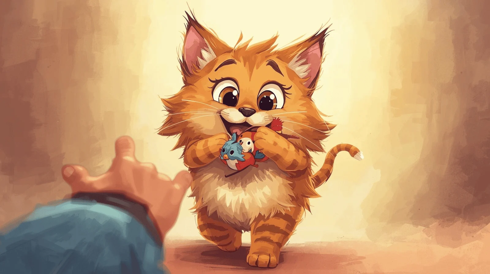 A cat carrying a toy in its mouth as a gift to its owner