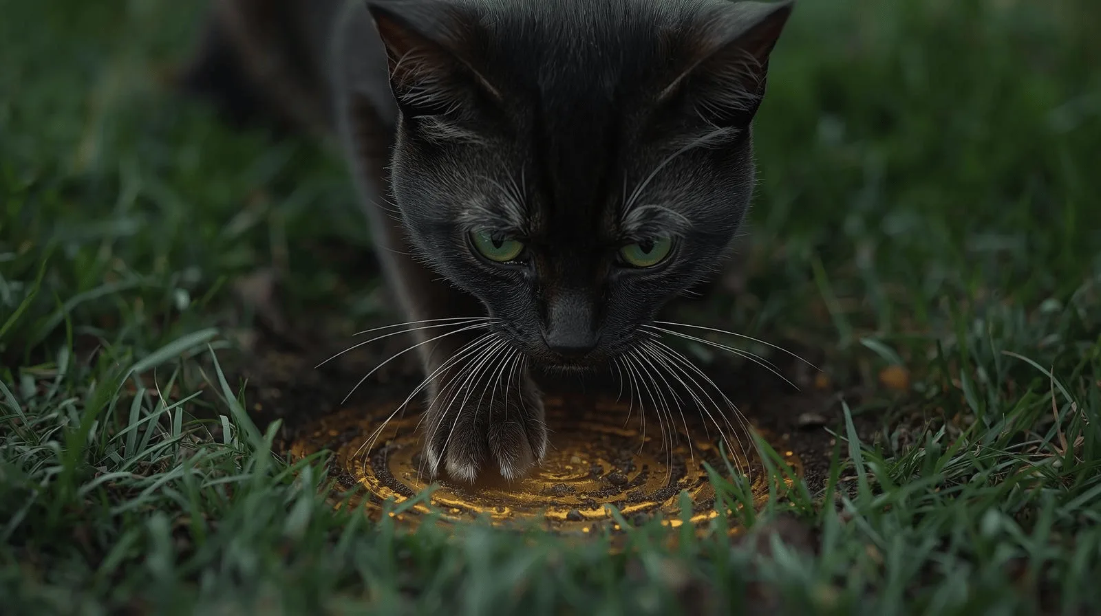 Cat with alert whiskers and paws touching the ground, sensing subtle vibrations in the earth
