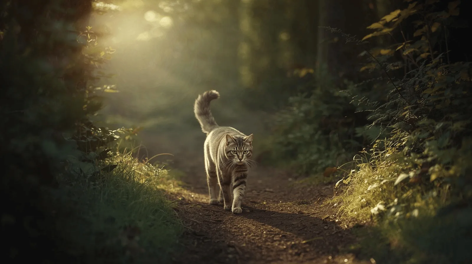 Cat walking confidently in nature with compass symbols and magnetic field lines in the background