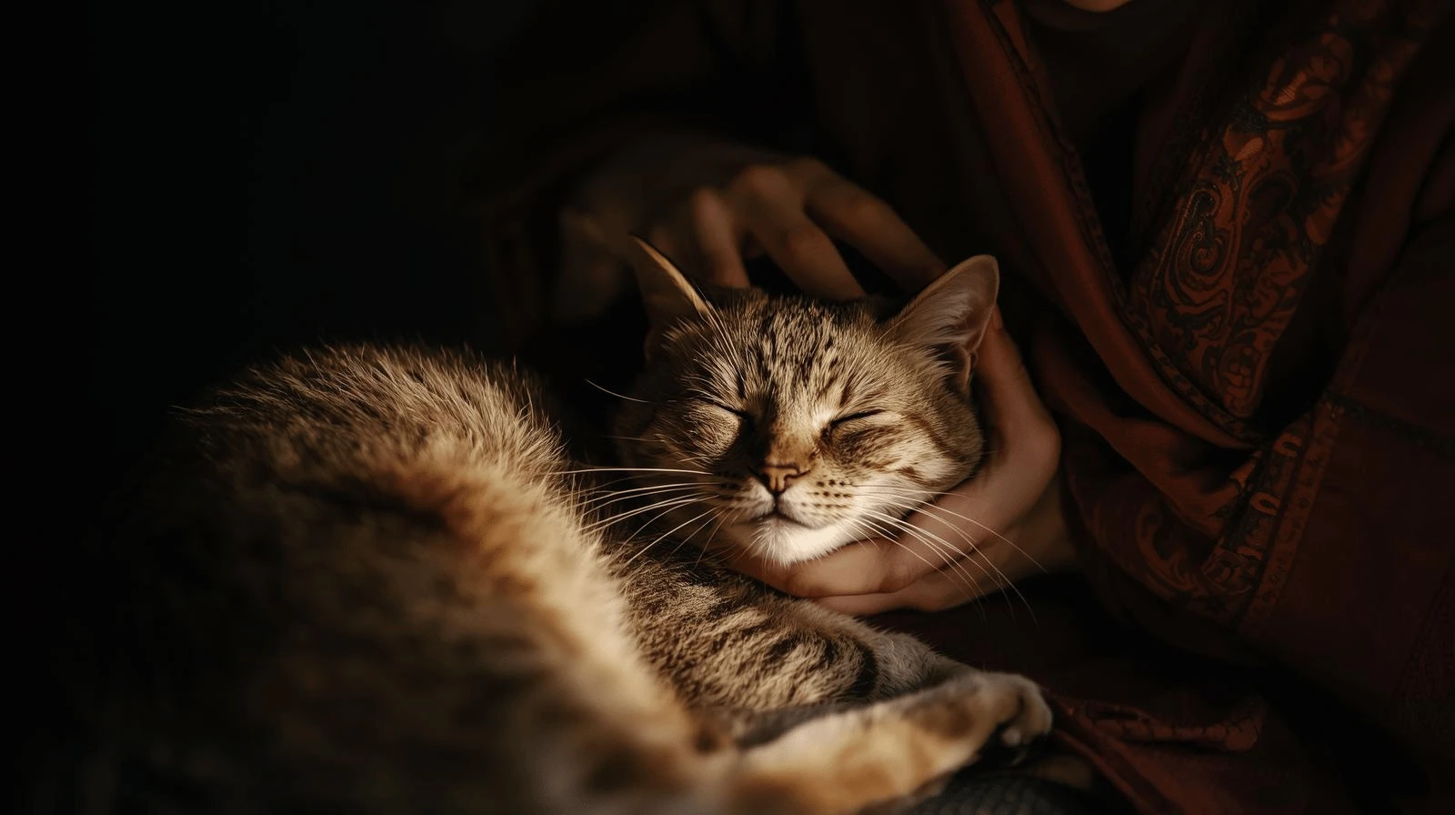 Cat owner gently petting relaxed cat, highlighting bond and understanding of feline behaviour