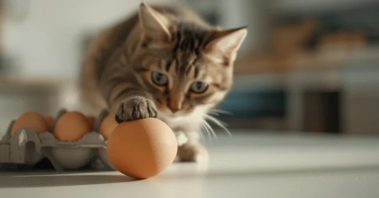A curious cat sniffing raw eggs on a kitchen counter, symbolizing food safety risks for pets