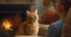 Cat listening attentively to its owner’s voice at home