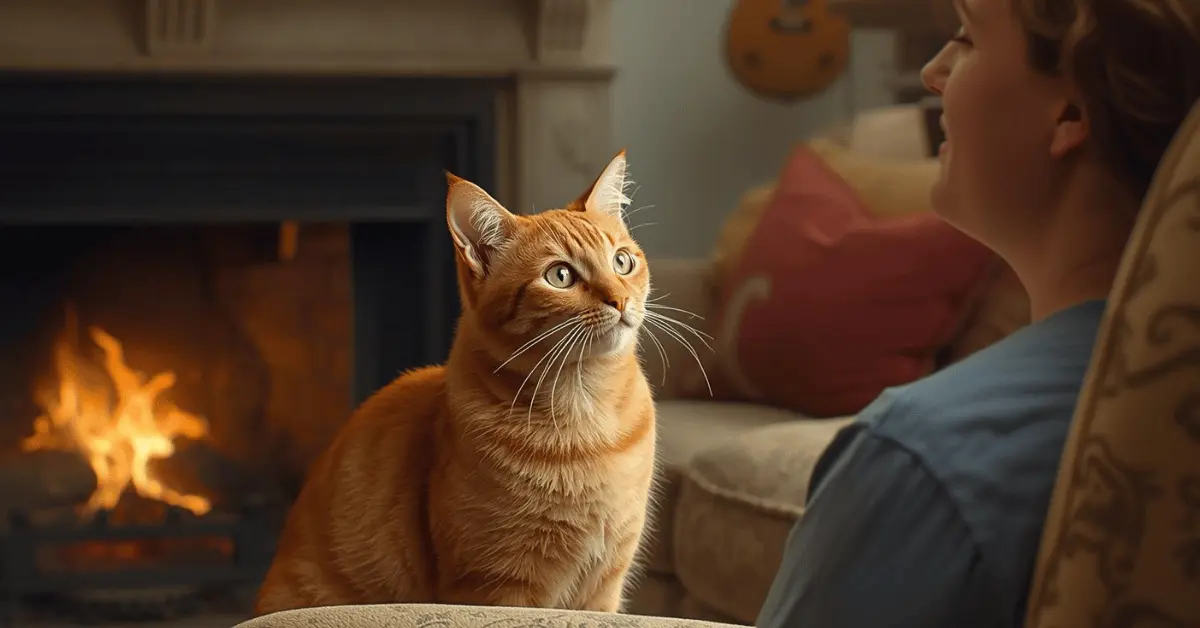 Cat listening attentively to its owner’s voice at home