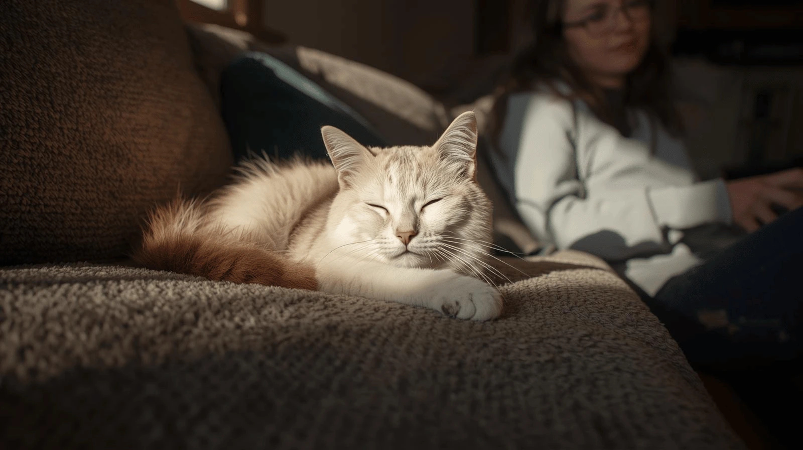 Cat relaxing peacefully after hearing its owner’s voice