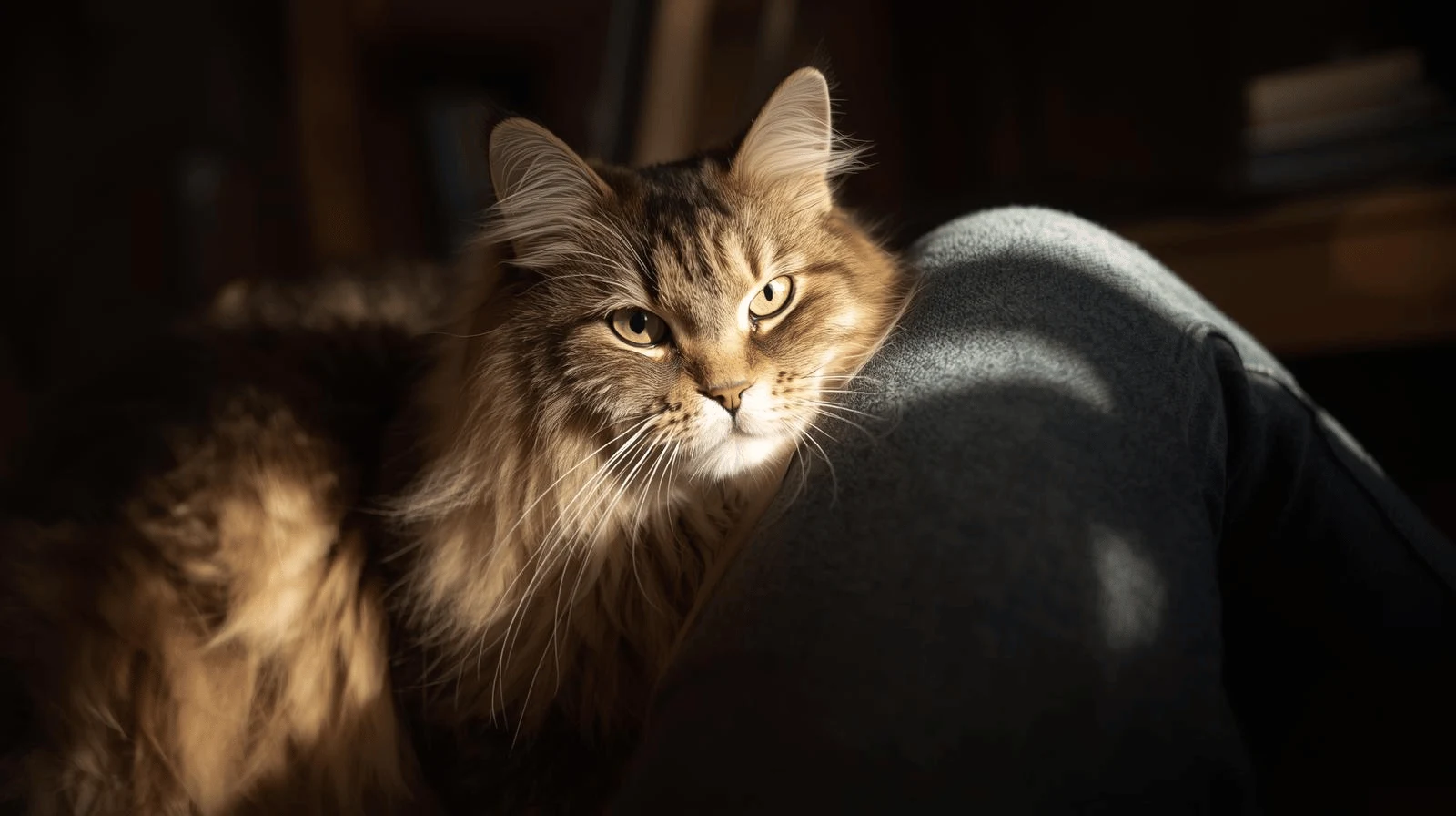 Cat rubbing its cheek against owner’s leg after eating, showing scent-marking behaviour