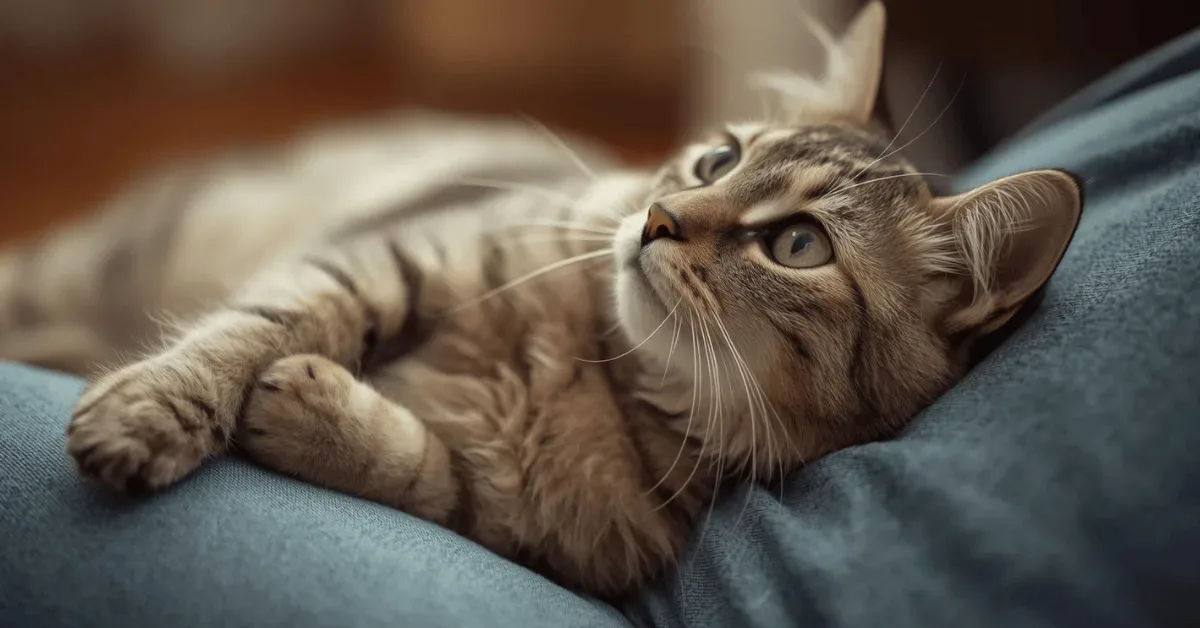 A cat lying on its back with its belly exposed, feeling safe