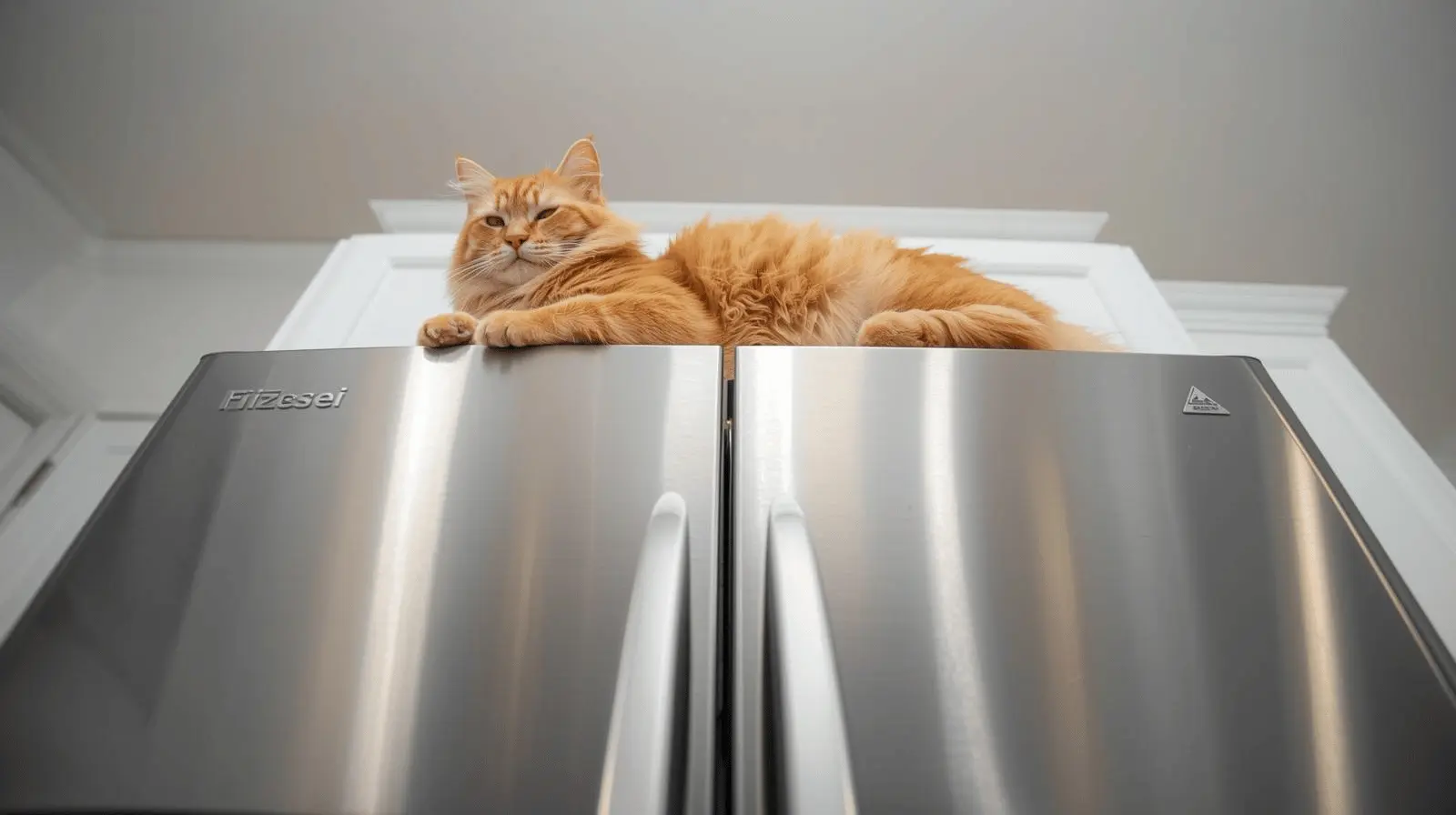 Orange cat stretched out on top of a refrigerator sleeping peacefully