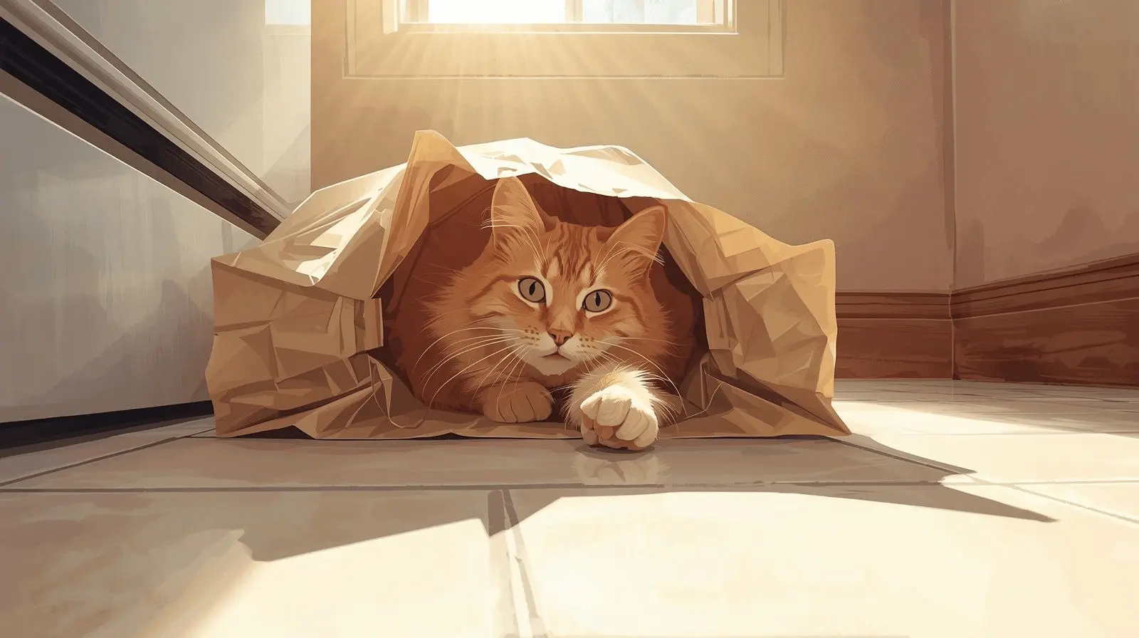 Cat hiding and napping inside a paper grocery bag