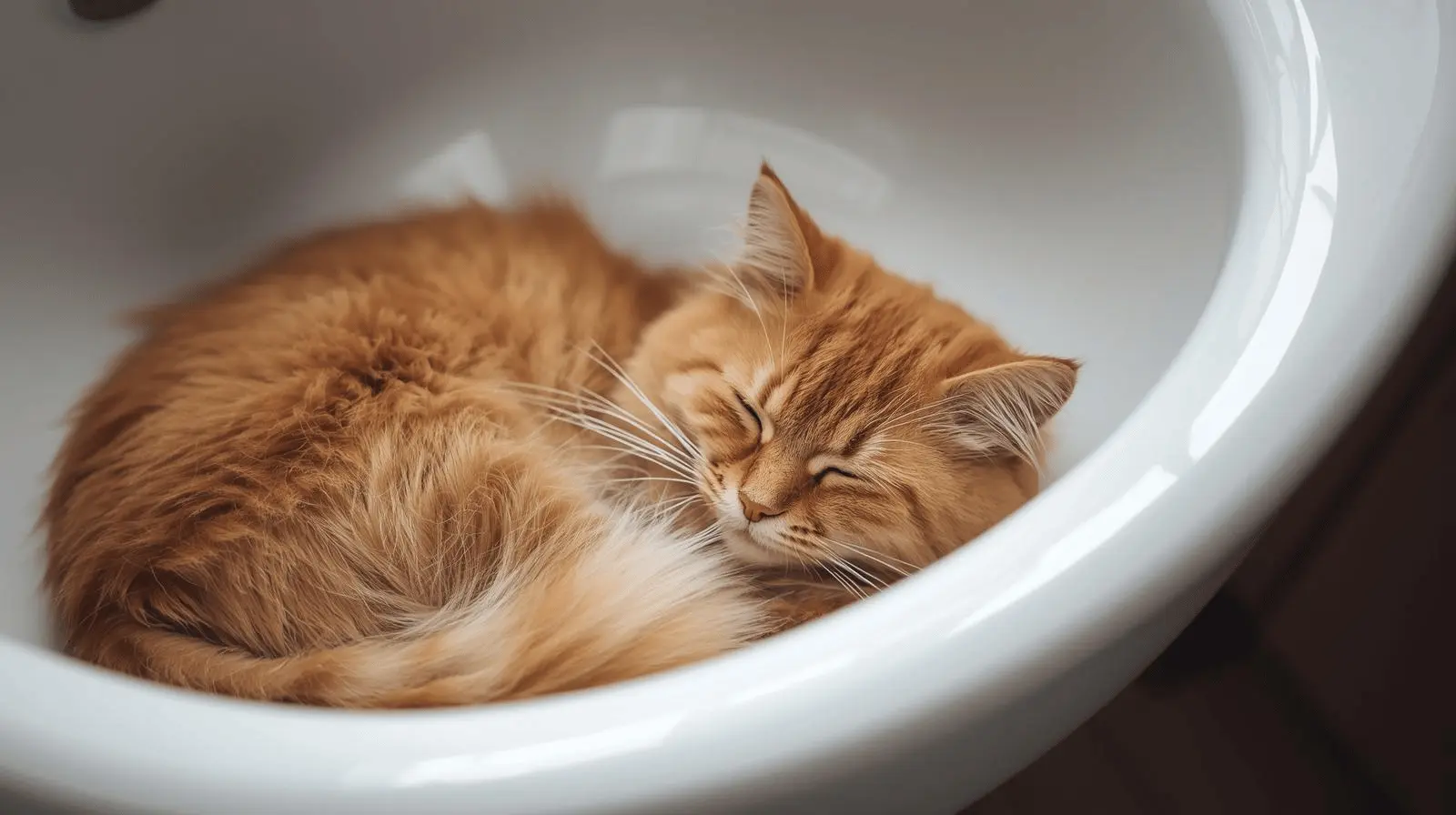 Grey tabby cat curled up inside a bathroom sink taking a nap