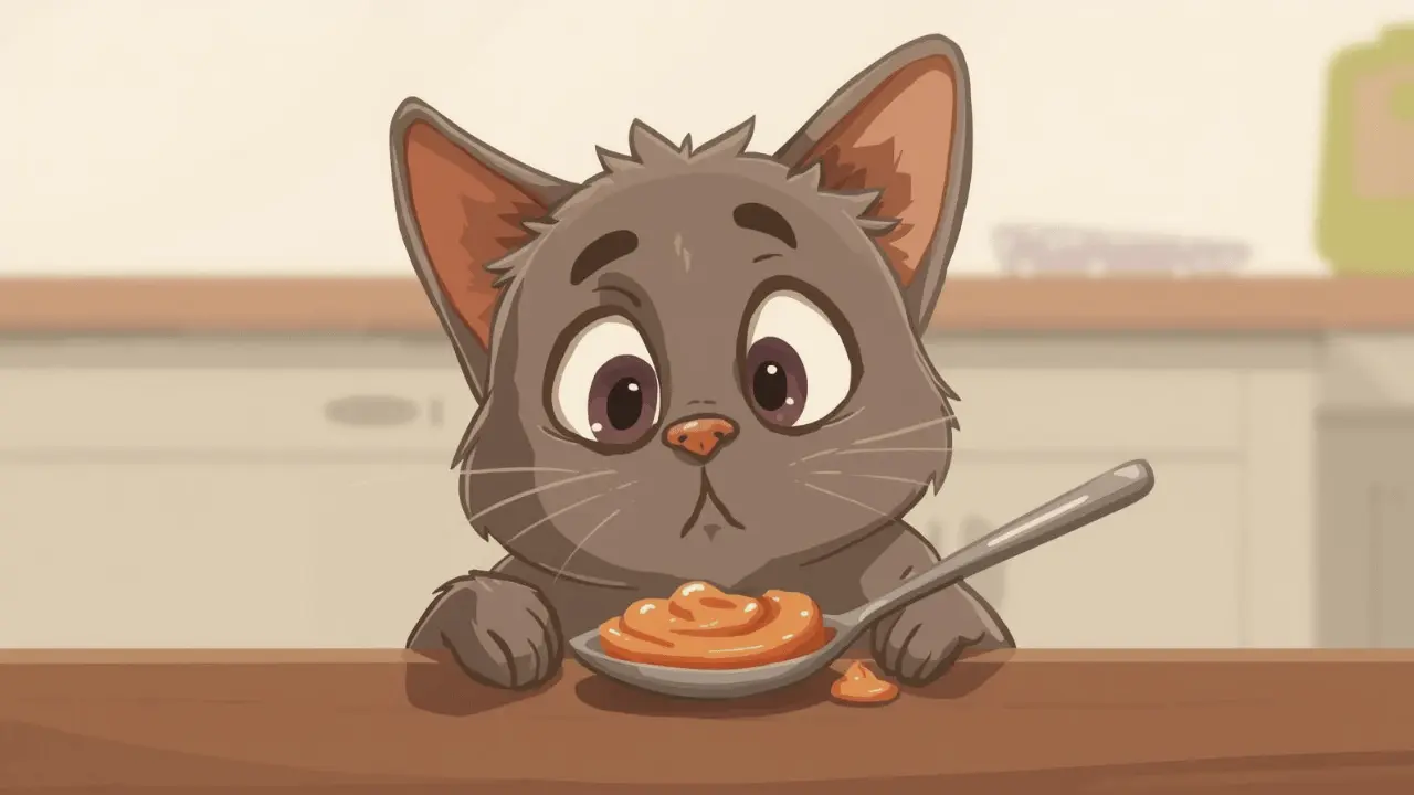 A cat sniffing a spoon of applesauce with a curious yet unimpressed expression.