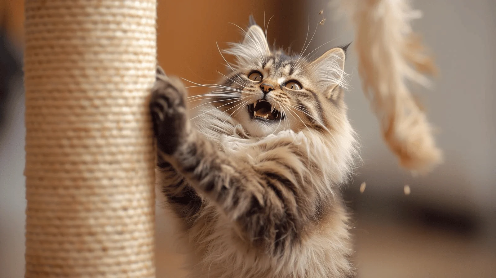 Cat scratching a post sprinkled with dried catnip