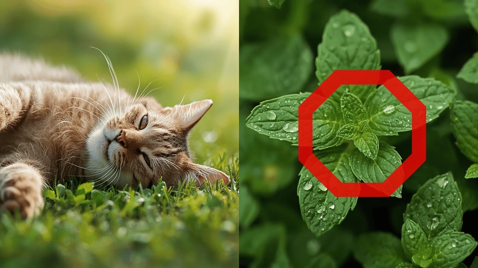 Cat happily playing with catnip compared to toxic peppermint plant