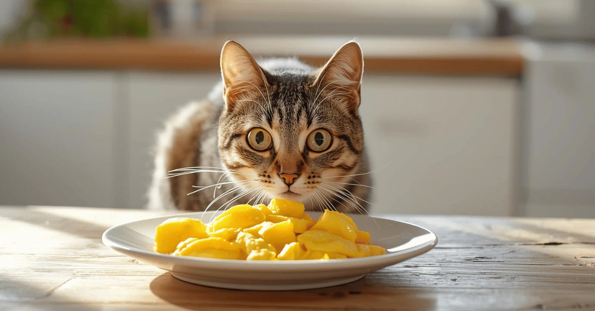 Curious cat looking at scrambled eggs on a plate — safe human food for cats in moderation