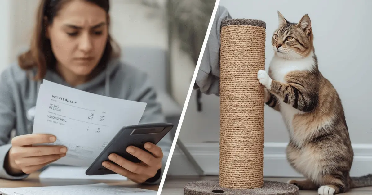 A worried cat owner calculating veterinary costs for declawing while their cat sits on a couch scratching a post nearby