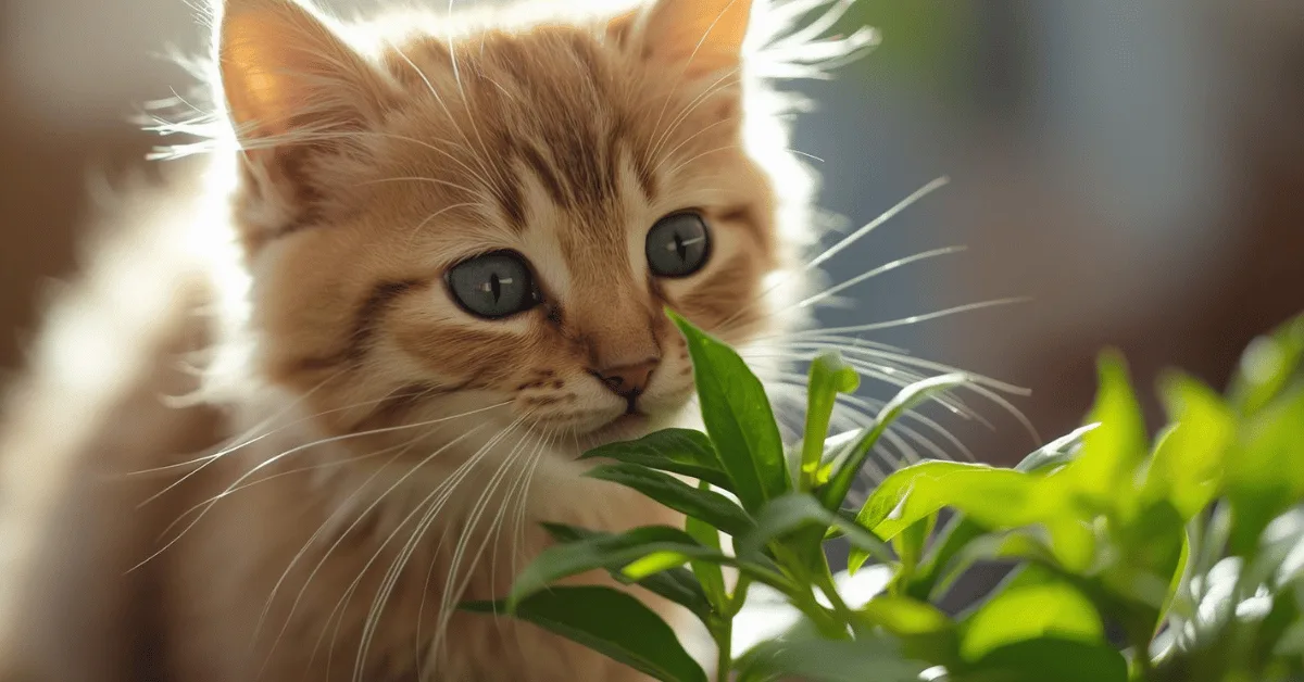 Curious cat sniffing fresh catnip leaves on a wooden table