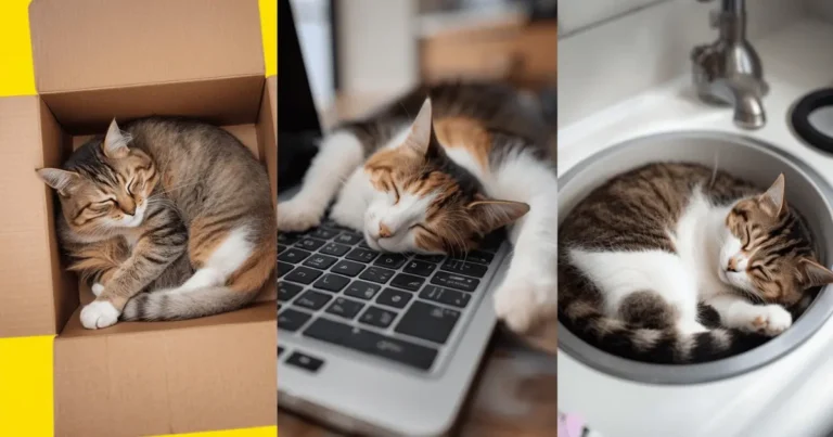 Cat sleeping in a cardboard box with another cat on a laptop