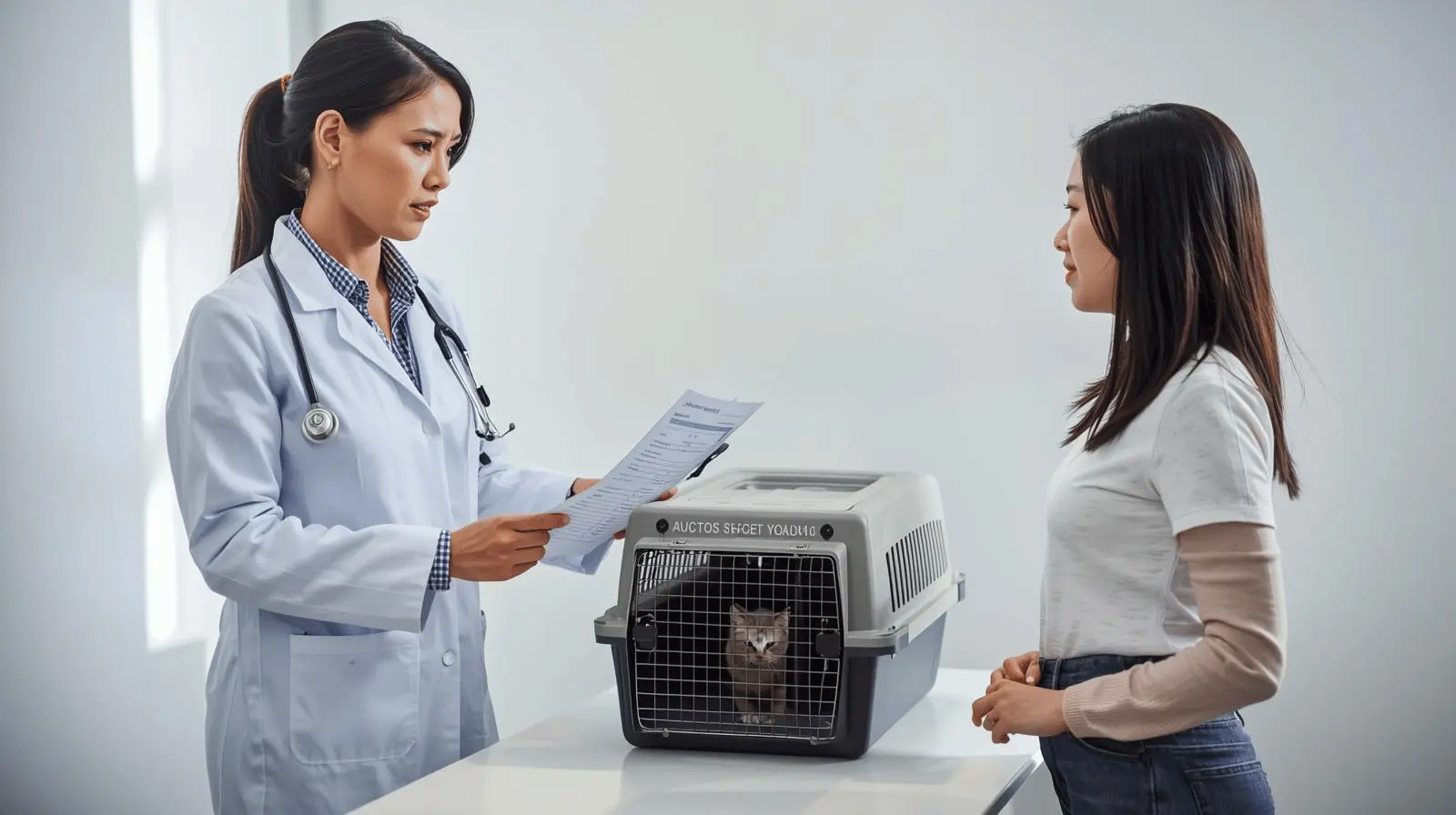 A veterinarian discussing declawing surgery costs with a cat owner at a clinic