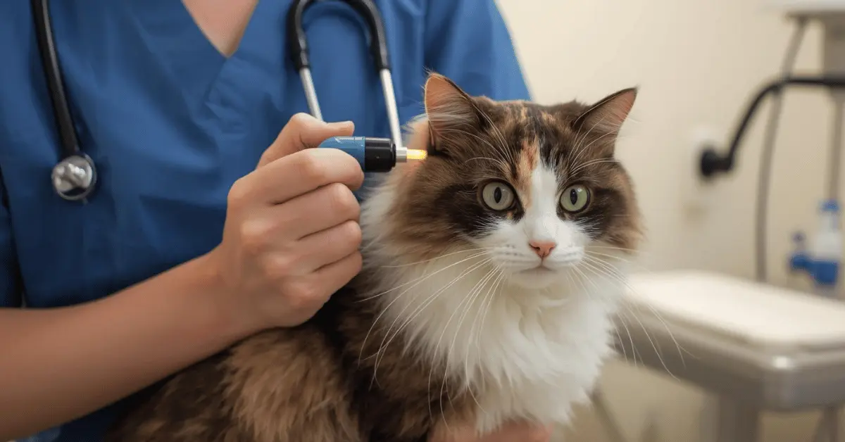 Cat receiving ear mite treatment from a veterinarian