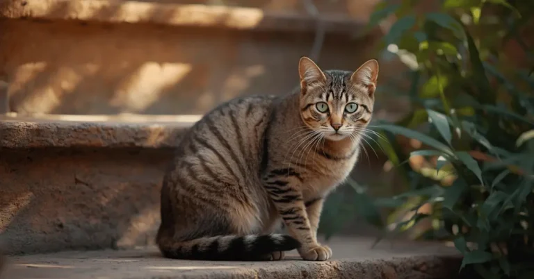 Beautiful Indian cat sitting outdoors with striking green eyes and short sleek coat