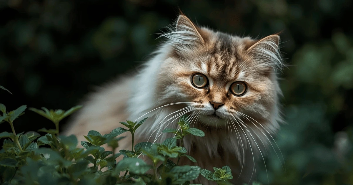 Curious cat sniffing a mint plant in a garden