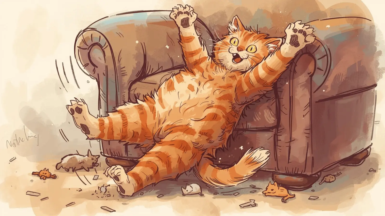 Orange cat falling off a couch while playing with a toy