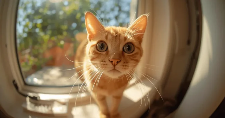 Playful orange tabby cat sitting on a windowsill looking curious