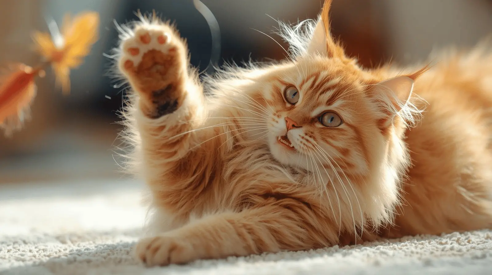 Orange cat playing with a toy mouse on the floor