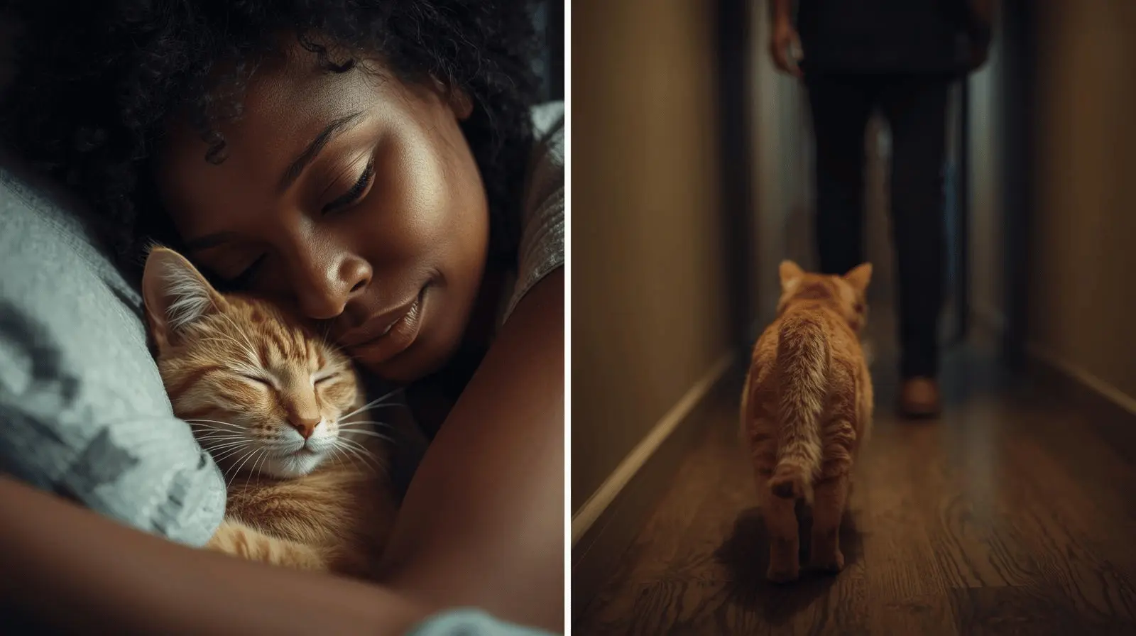 Orange tabby cat cuddling with its owner on the sofa