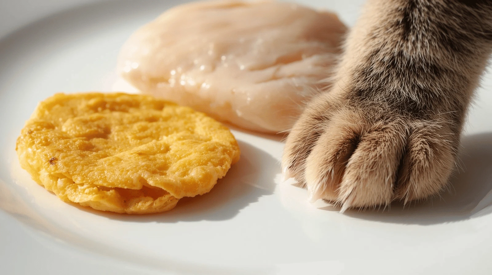 Plain omelet and cooked chicken on a plate, safe occasional food for cats