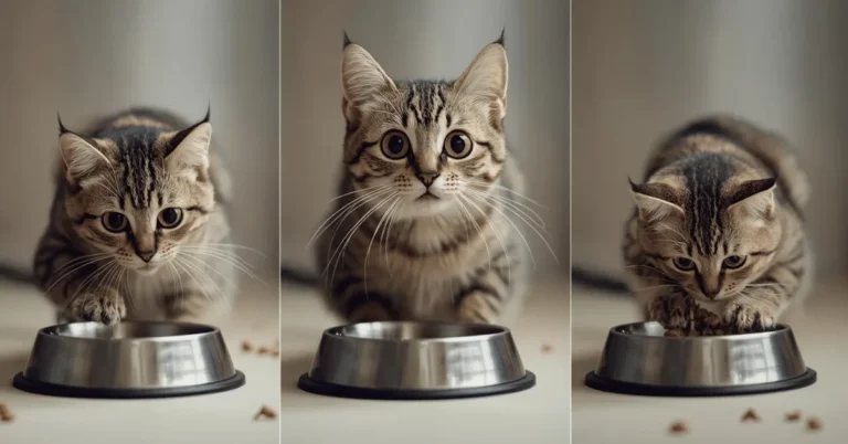 Cat sitting near food bowl with curious expression, symbolizing strange post-meal behaviours