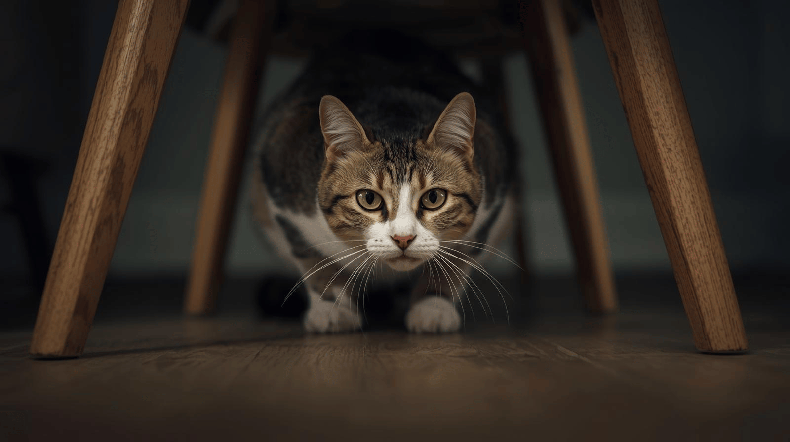 Shy cat hiding under furniture showing subtle signs of discomfort