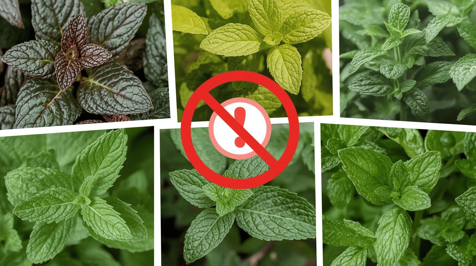 Various mint plants including chocolate mint, lemon mint, and garden mint with a warning symbol for cats