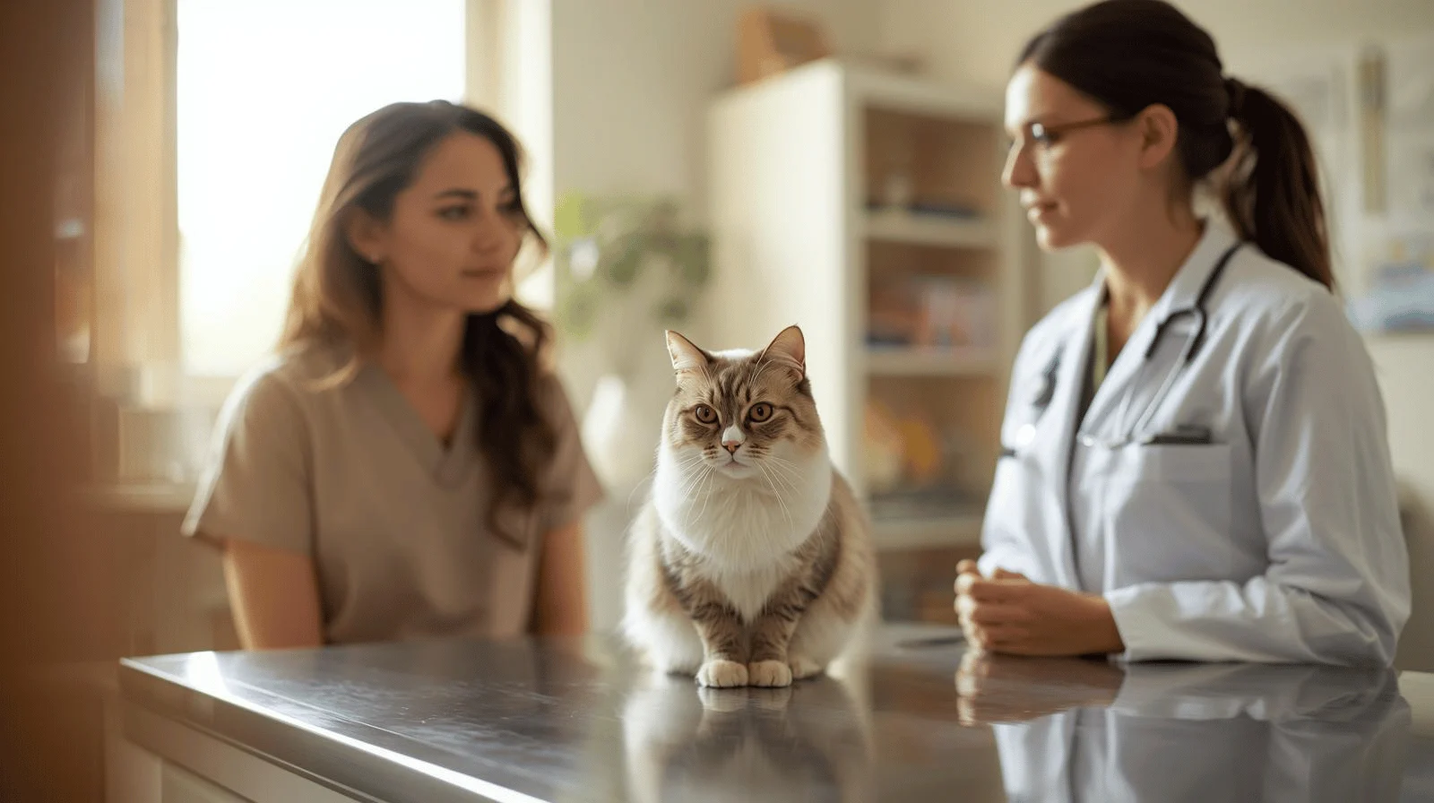 Veterinarian explaining catnip safety to a pet owner with a cat present