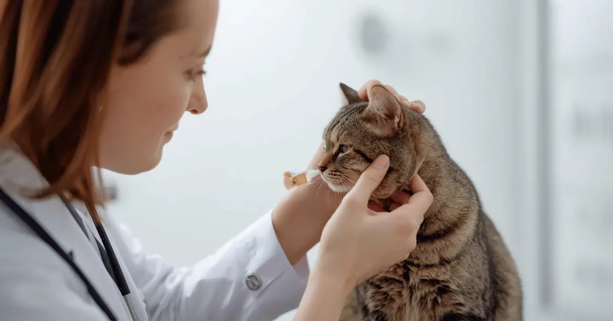 Veterinarian applying ear mite treatment to a cat