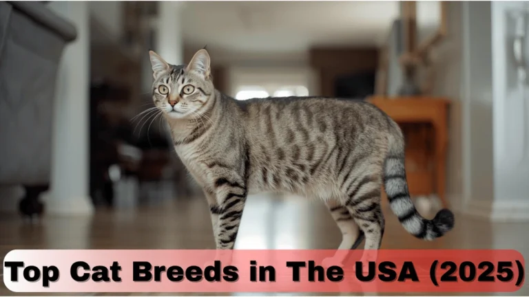 cat standing on a living room rug with a happy family in the background — representing top family-friendly cat breeds in the USA 2025