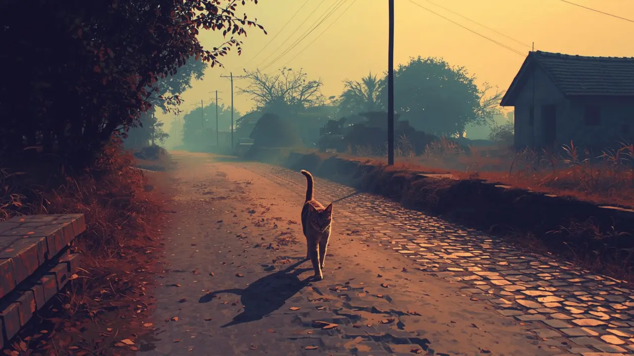 A cat crossing a quiet village road in early morning light, symbolizing superstition and fate.