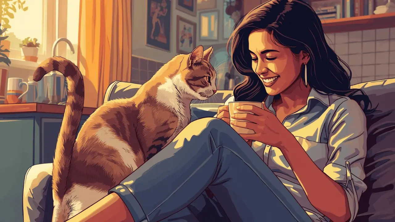 A cat rubs against its owner’s legs, seeking attention in a cozy home setting