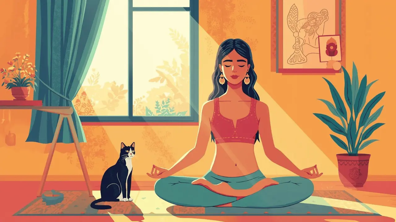 A peaceful cat sitting in meditation-like stillness beside a person practicing yoga at home.