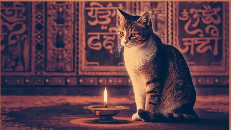 A calm Indian cat sitting near a traditional oil lamp with temple motifs in the background