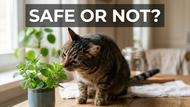 Cat sniffing mint leaves showing curiosity about mint safety for cats