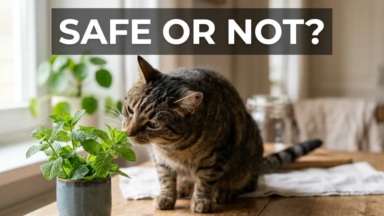 Cat sniffing mint leaves showing curiosity about mint safety for cats