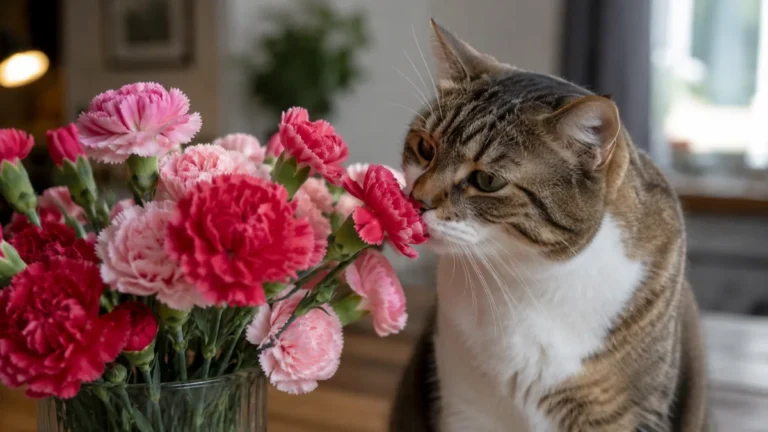 Curious tabby cat sniffing pink and red carnations in a glass vase indoors