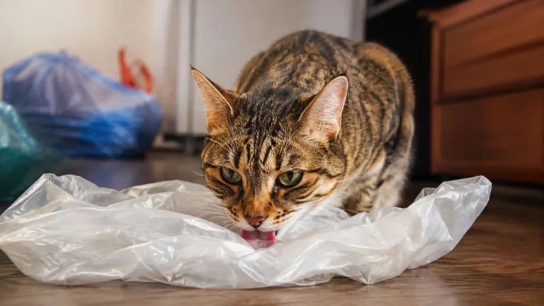 Tabby cat licking a crinkled plastic bag on a wooden floor indoors