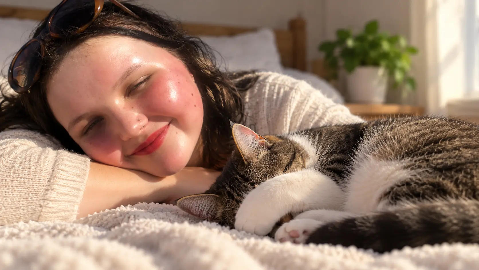 Woman relaxing beside a sleeping cat covering its face with a paw